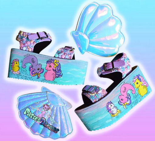 my little sea pony yru platform trainer shoes sandals on bubblegum poastel backgrouns handpainted by pastel-dreams nugoth kawaii harajuku