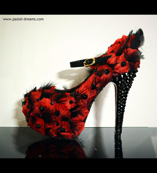 burlesque red feathery rose heels pastel-dreams custom elegant