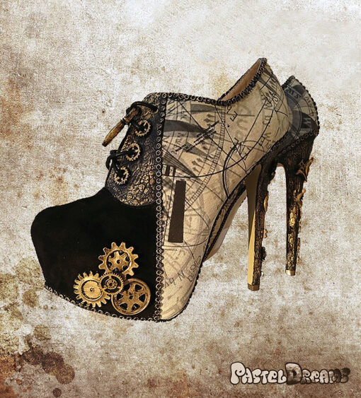 steampunk post apocalyptic ankle boots custom pastel dreams compass pattern mad max inspired